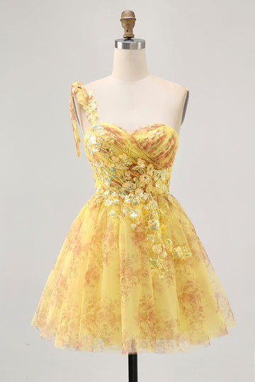 Yellow One Shoulder Sequins Printed A Line Short Prom Dress